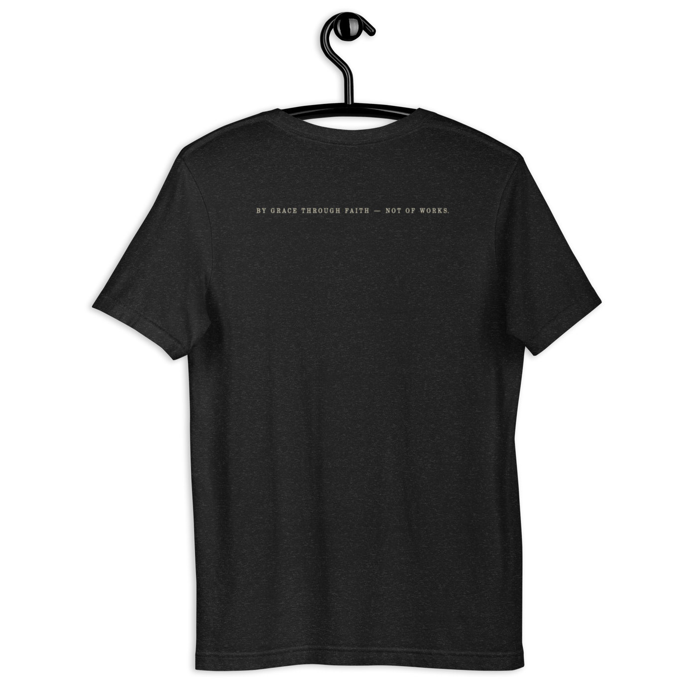 Filed Under Grace Ephesians 2:8 Christian T-Shirt — vintage black, hanging view 2