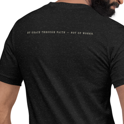 Filed Under Grace Ephesians 2:8 Christian T-Shirt — black, back. Gospel Noir Christian T-shirt by Heavenly Crafted, Bible verse shirt