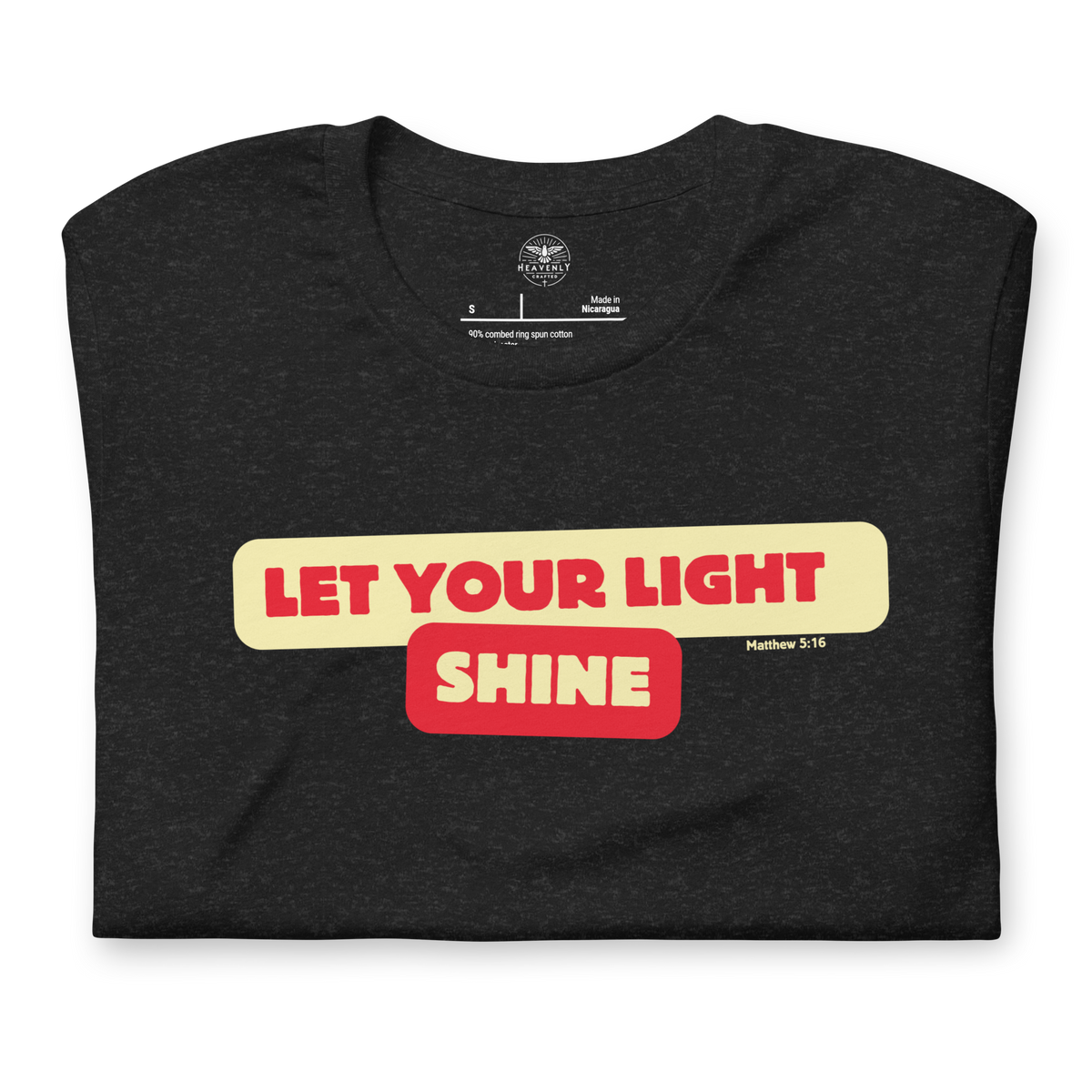 Bold Shine Matthew 5:16 Black Heather Christian T-Shirt — black heather, folded view 2