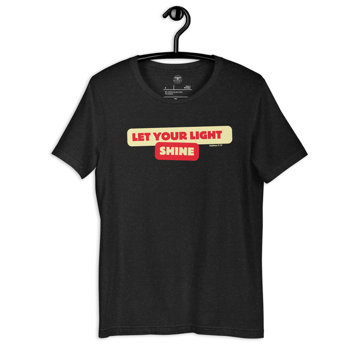 Bold Shine Matthew 5:16 Black Heather Christian T-Shirt — black heather, hanging view