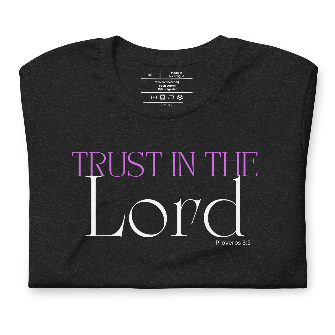 Trust in the Lord Proverbs 3:5 Christian T-Shirt — black heather, front and back views
