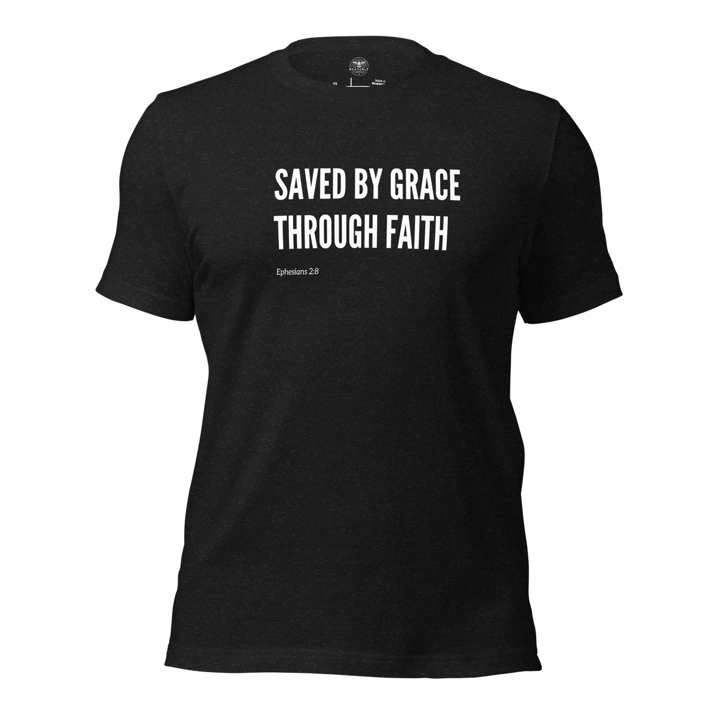 Saved by Grace Through Faith Ephesians 2:8 T-Shirt — black heather, product mockup