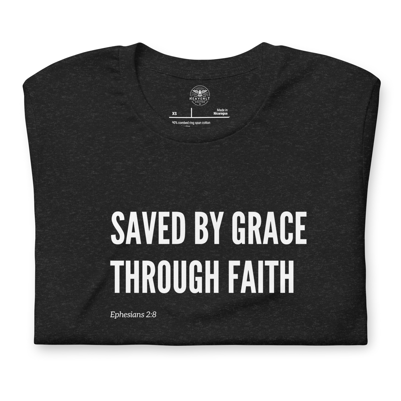 Saved by Grace Through Faith Ephesians 2:8 T-Shirt — black heather, folded view