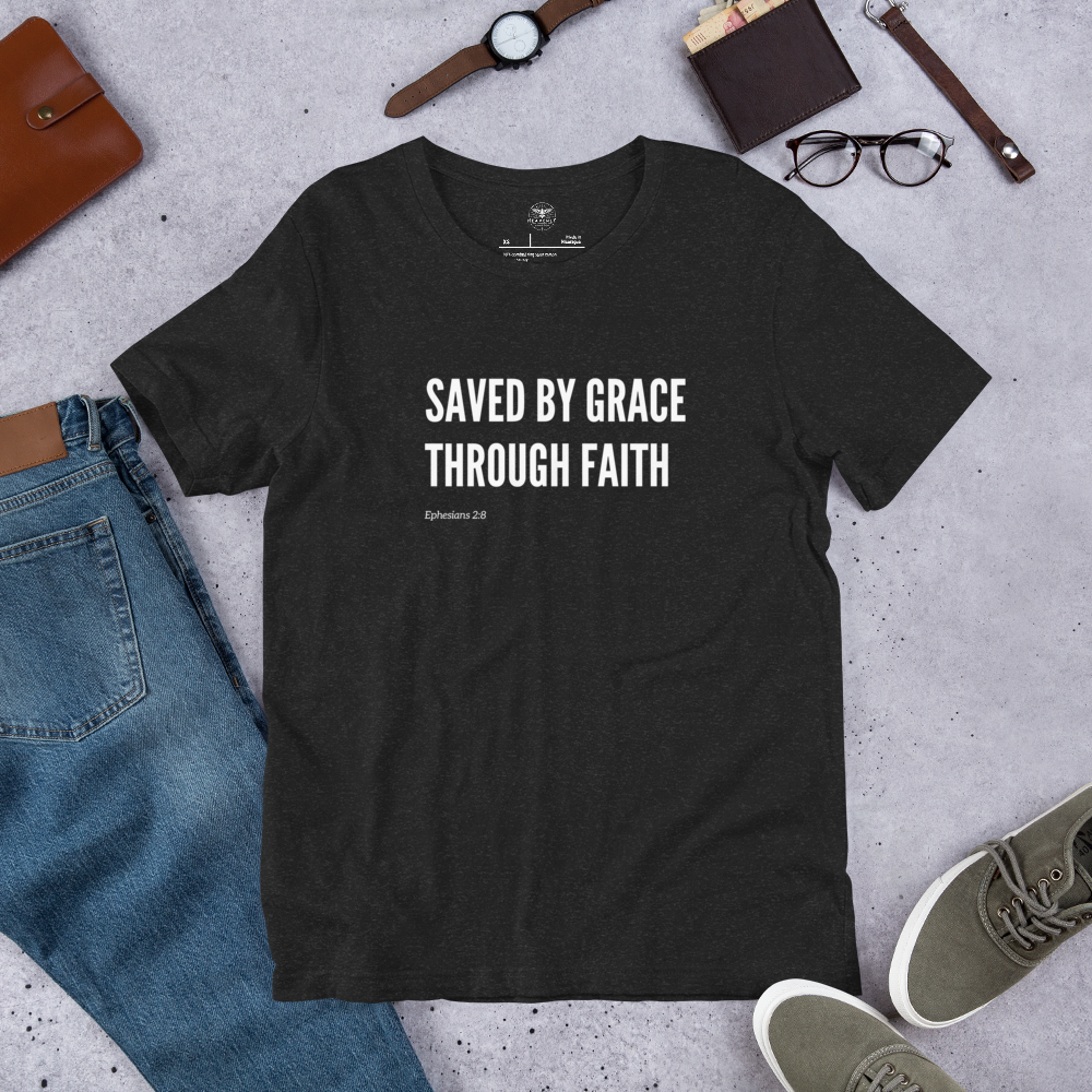 Saved by Grace Through Faith Ephesians 2:8 T-Shirt — black heather, product mockup 2