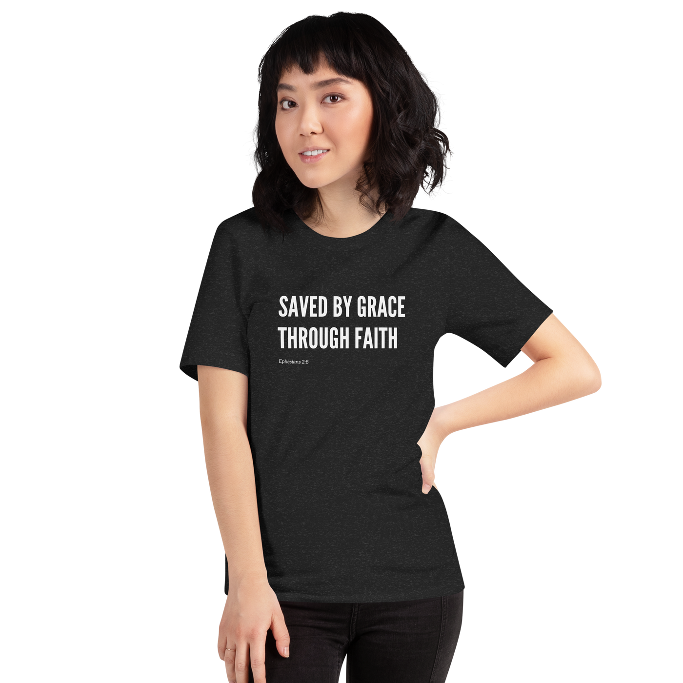 Saved by Grace Through Faith Ephesians 2:8 T-Shirt — black heather, product mockup 3