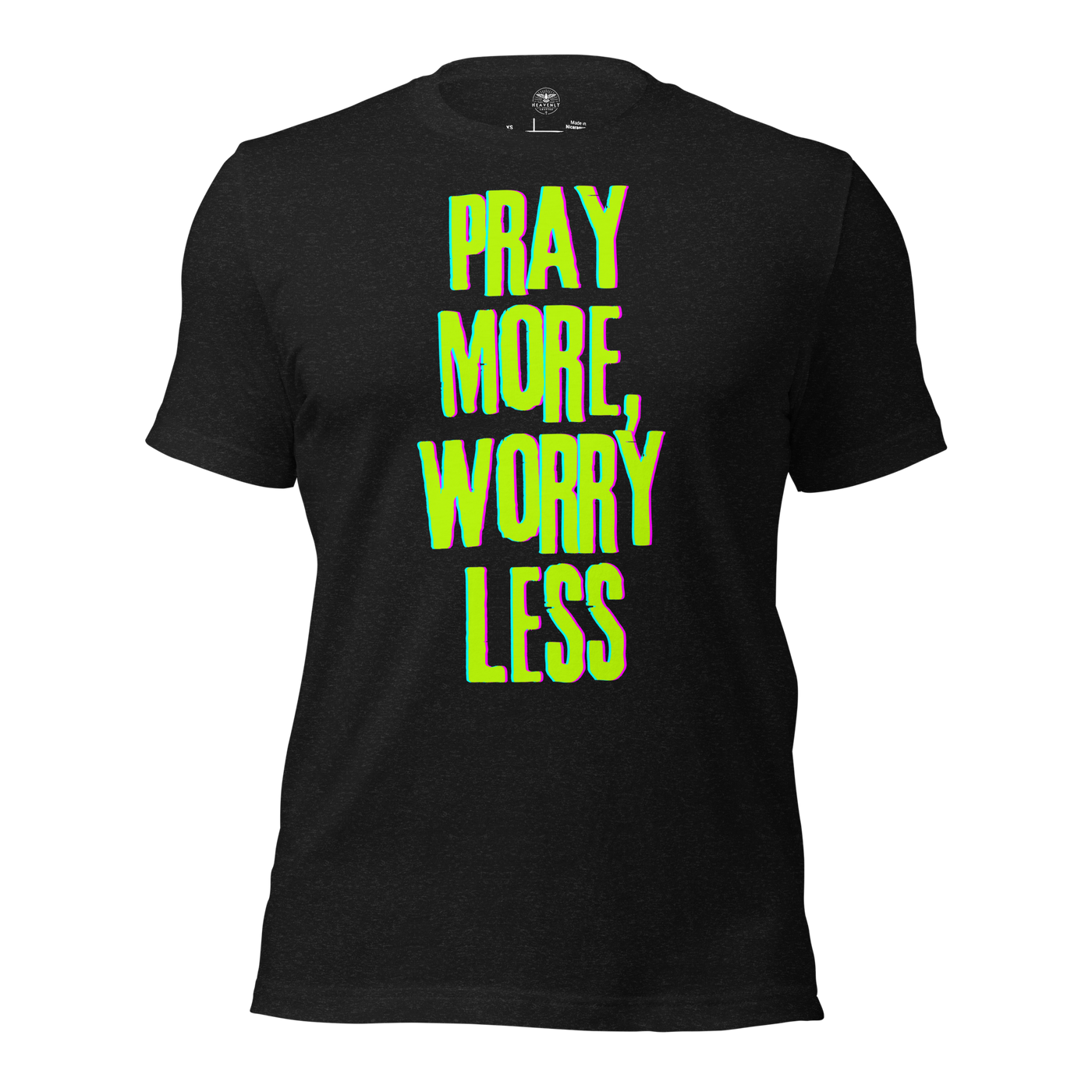 Pray More, Worry Less Philippians 4:6 Christian T-Shirt — black heather, product mockup