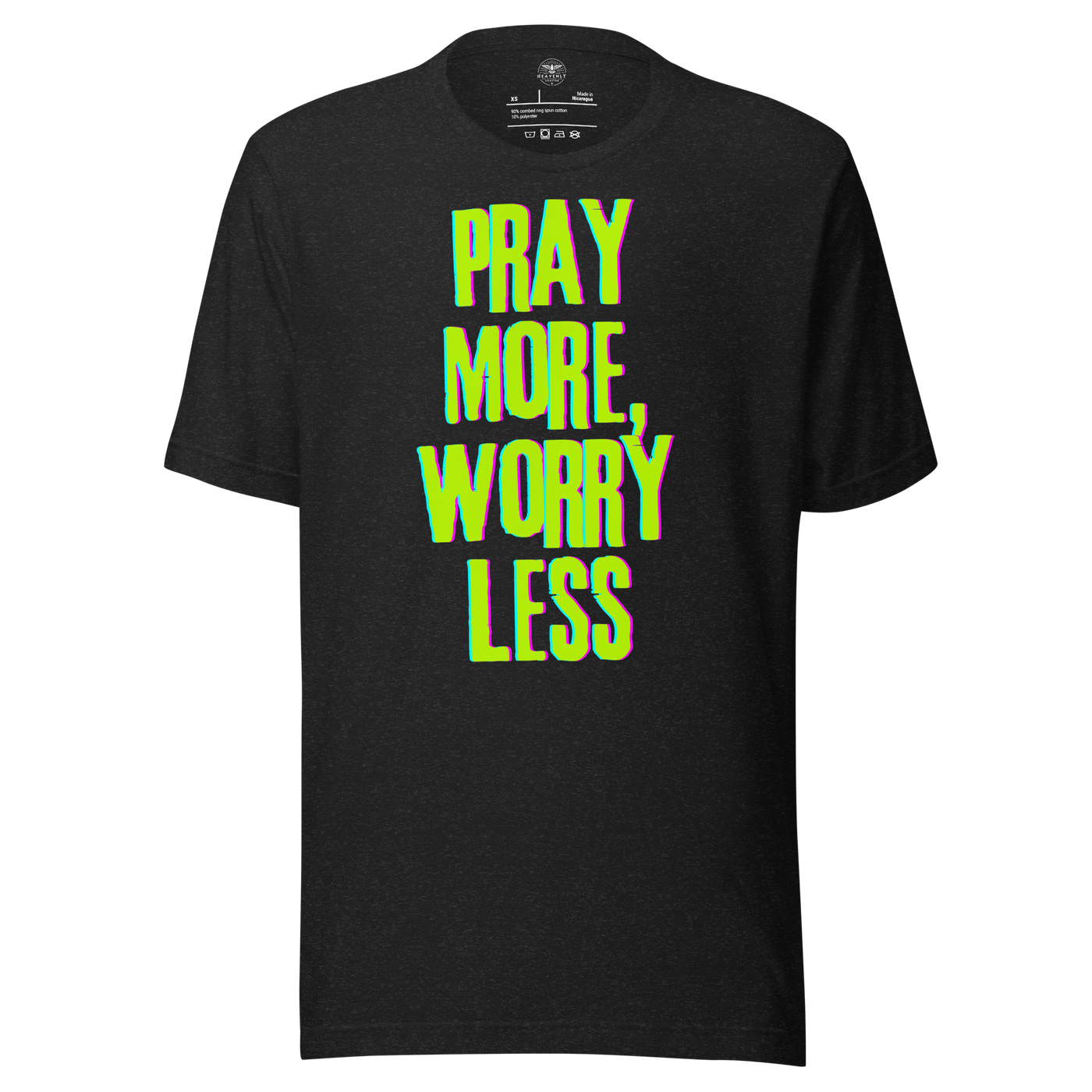 Pray More, Worry Less Philippians 4:6 Christian T-Shirt — black heather, front view
