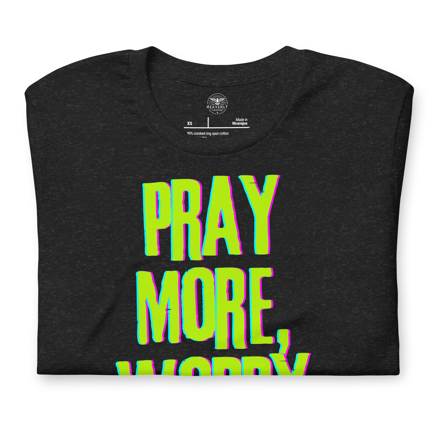 Pray More, Worry Less Philippians 4:6 Christian T-Shirt — black heather, folded view