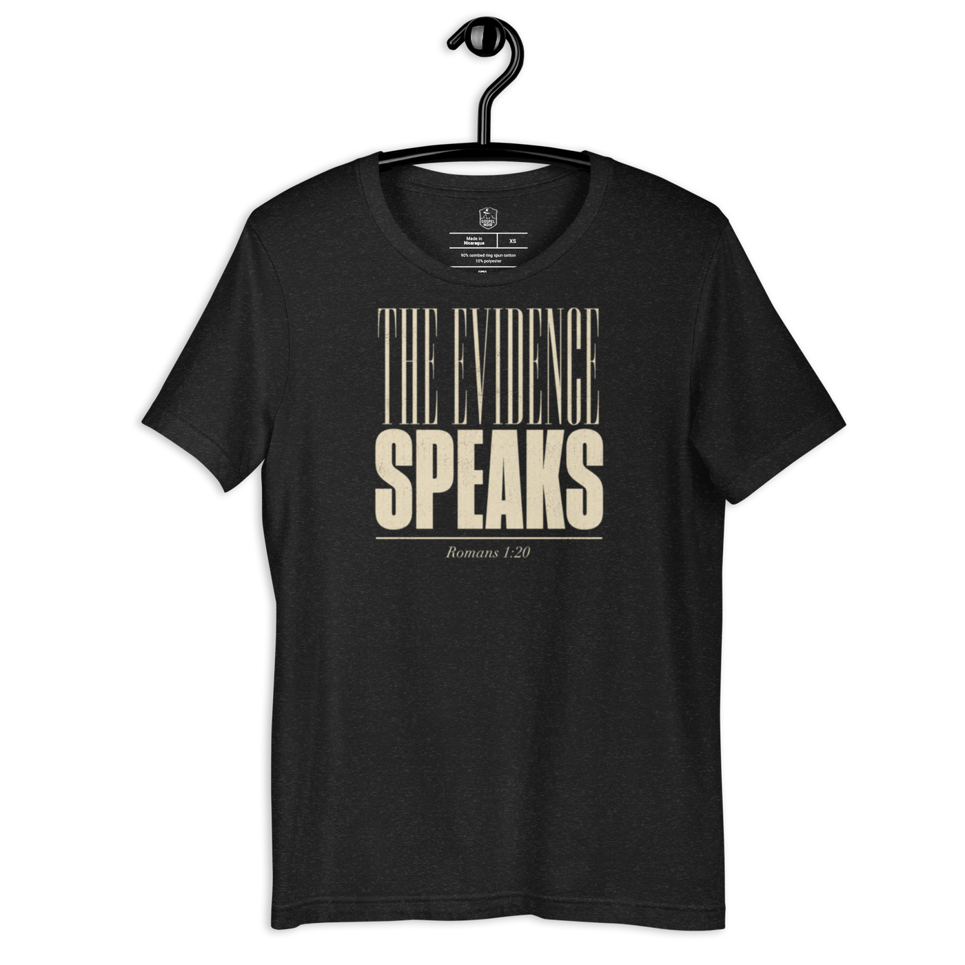 The Evidence Speaks Romans 1:20 Christian T-Shirt — black heather, hanging view