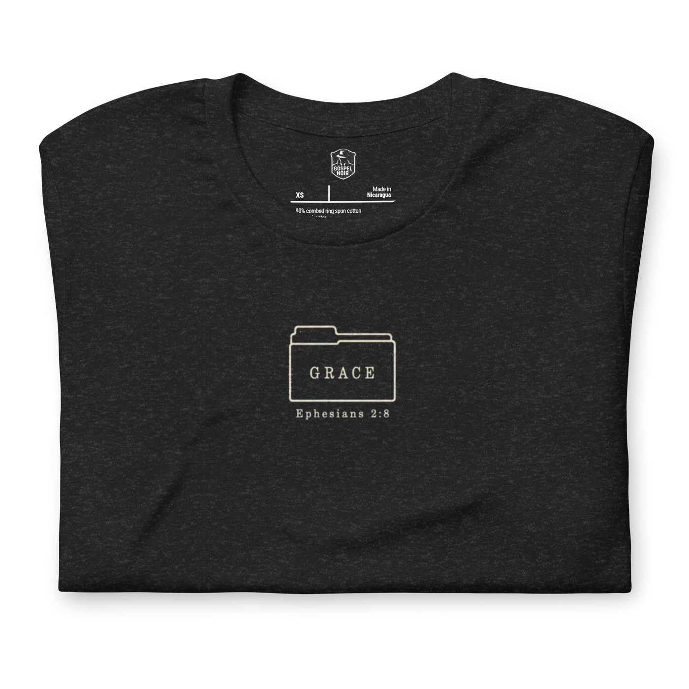 Filed Under Grace Ephesians 2:8 Christian T-Shirt — vintage black, folded view