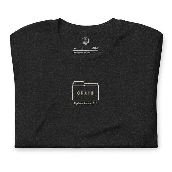 Filed Under Grace Ephesians 2:8 Christian T-Shirt — vintage black, folded view. Gospel Noir Christian T-shirt by Heavenly Crafted, Christian streetwear
