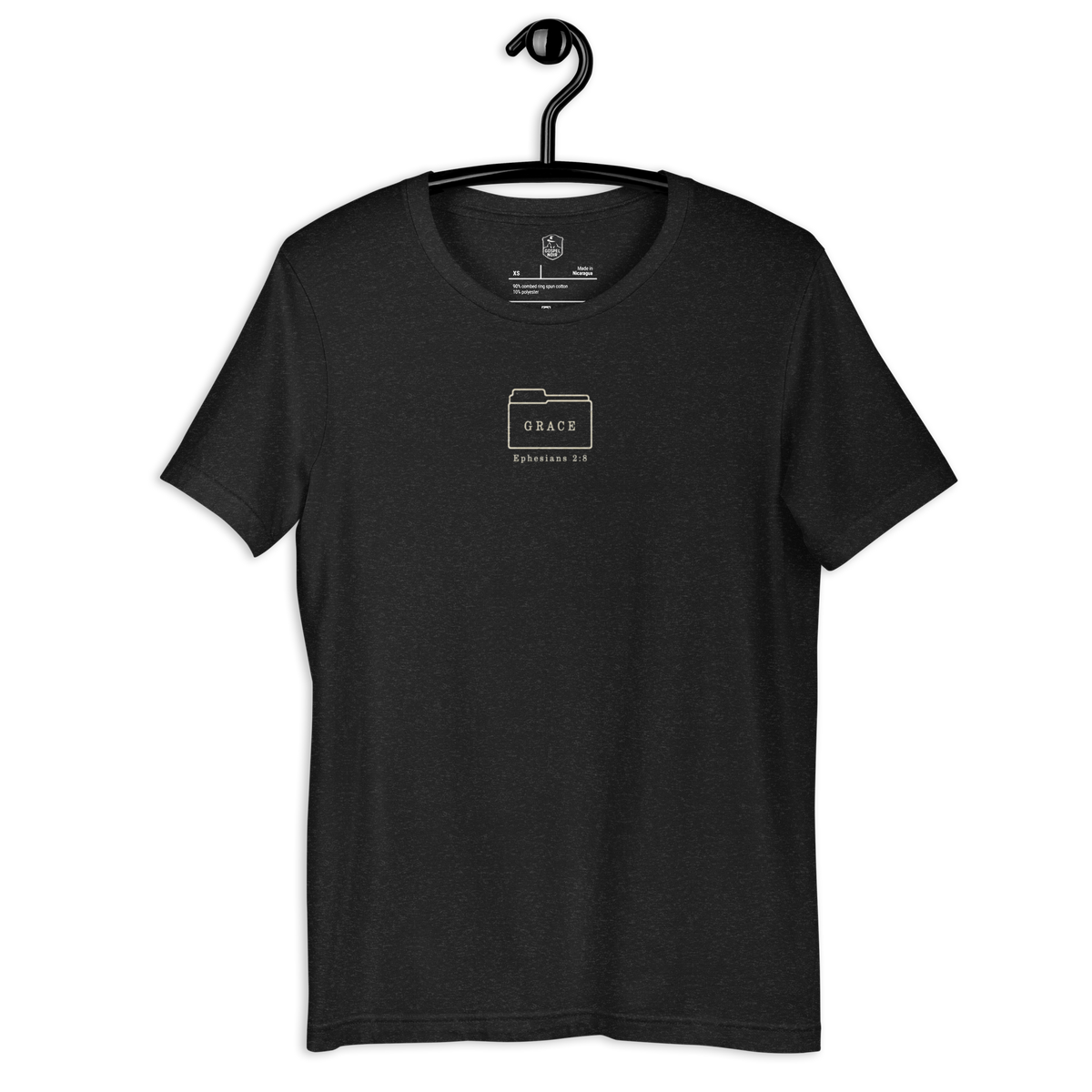 Filed Under Grace Ephesians 2:8 Christian T-Shirt — black heather, front view