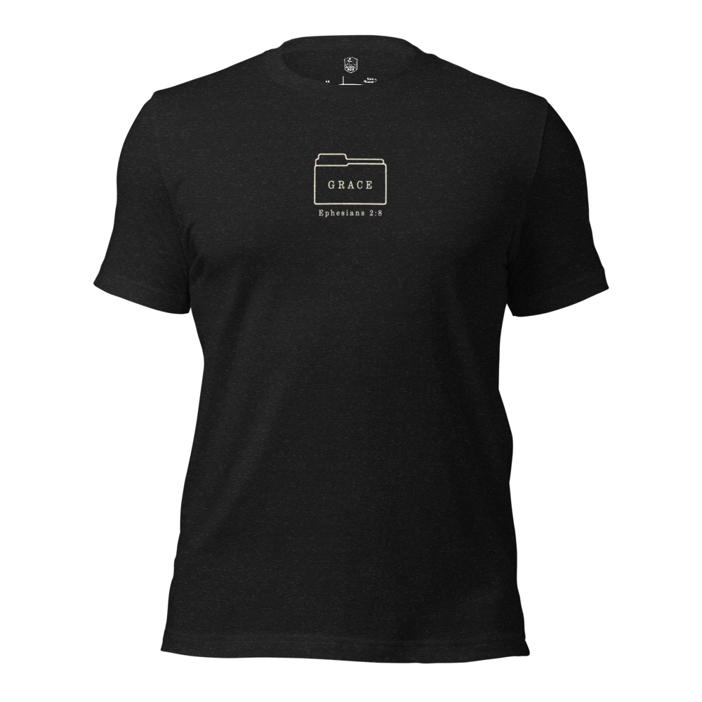 Filed Under Grace Ephesians 2:8 Christian T-Shirt — black, front. Gospel Noir Christian T-shirt by Heavenly Crafted, faith-based apparel for men and women