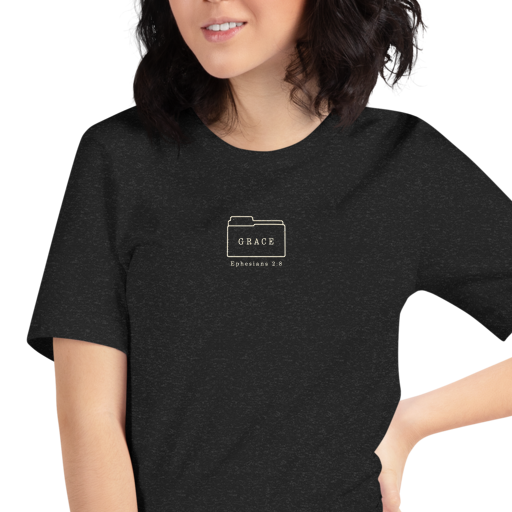 Filed Under Grace Ephesians 2:8 Christian T-Shirt — black, front. Gospel Noir Christian T-shirt by Heavenly Crafted, Christmas Christian streetwear gift