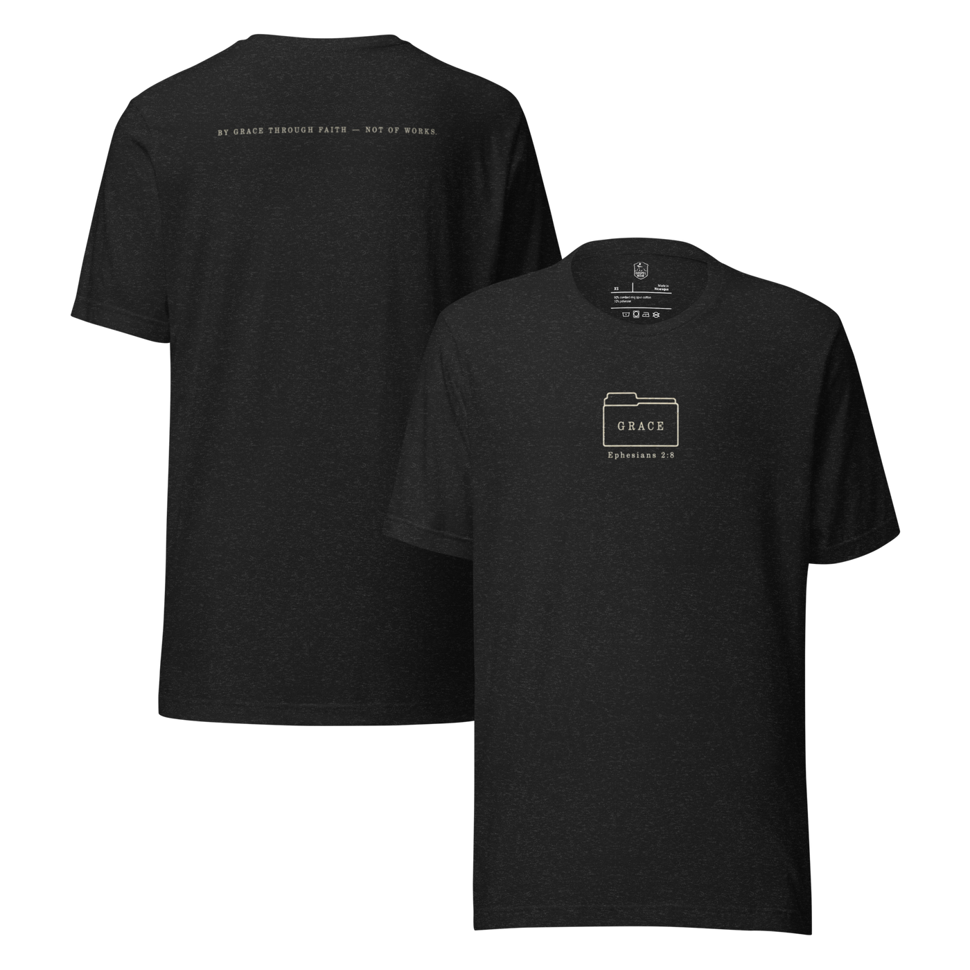 Filed Under Grace Ephesians 2:8 Christian T-Shirt — black heather, front and back views