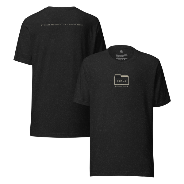 Filed Under Grace Ephesians 2:8 Christian T-Shirt — black heather, front and back views