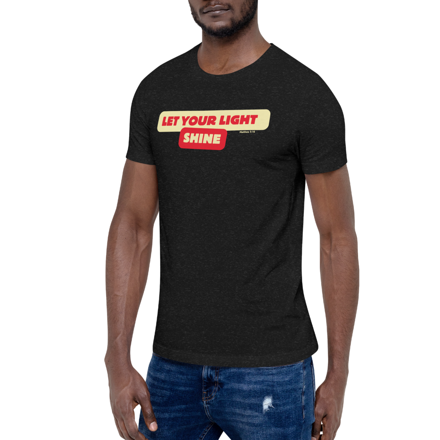 Bold Shine Matthew 5:16 Black Heather Christian T-Shirt — black heather, left-side view