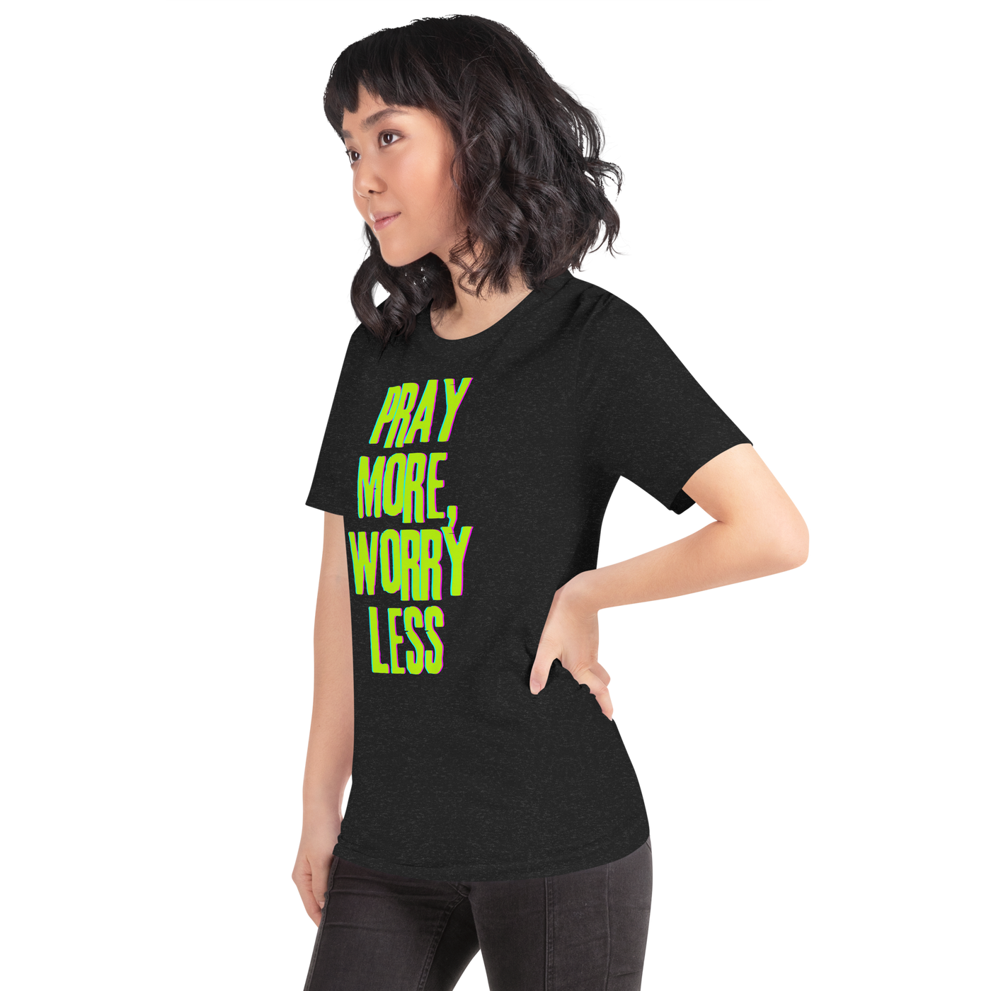 Pray More, Worry Less Philippians 4:6 Christian T-Shirt — black heather, left-side view