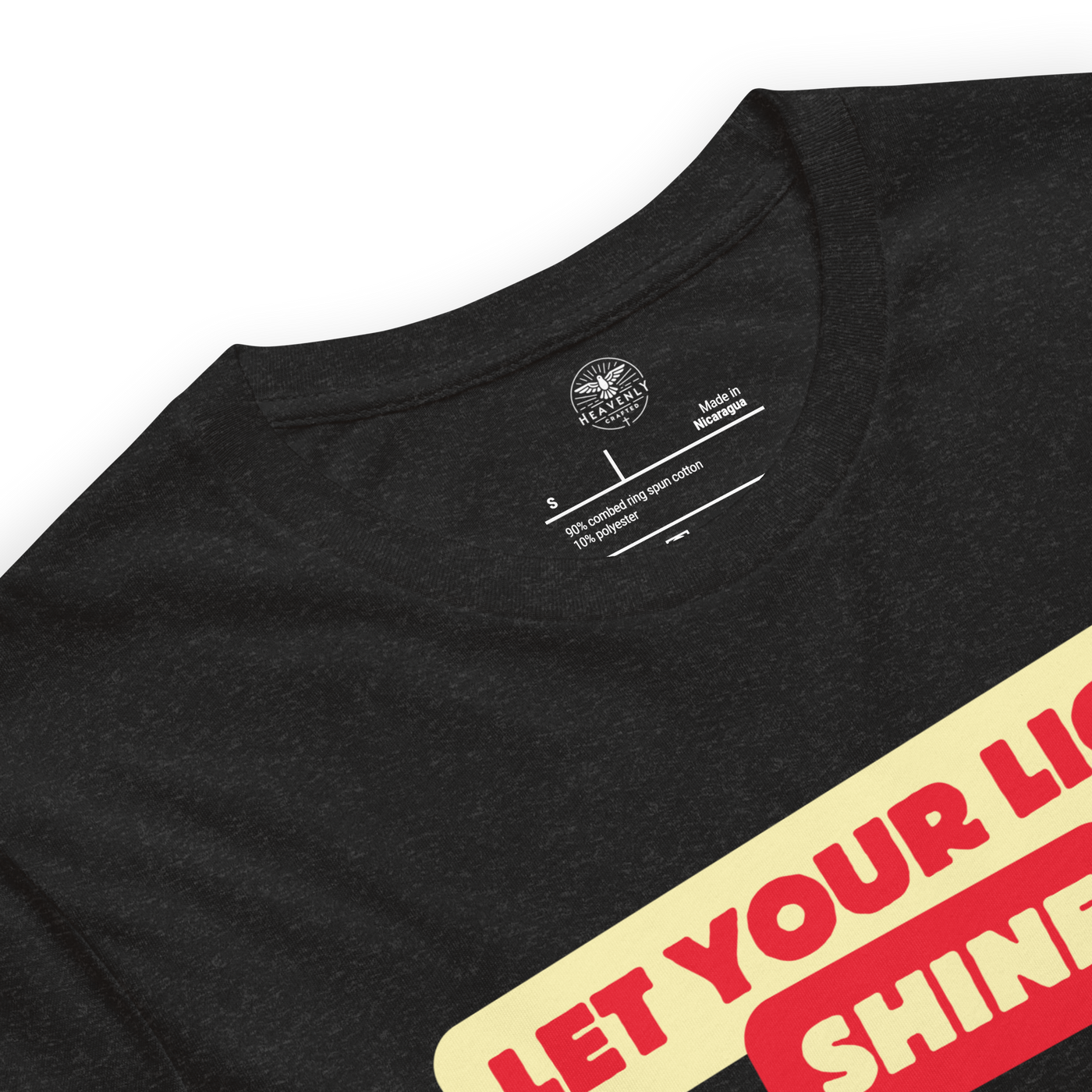 Bold Shine Matthew 5:16 Black Heather Christian T-Shirt — black heather, label and care detail
