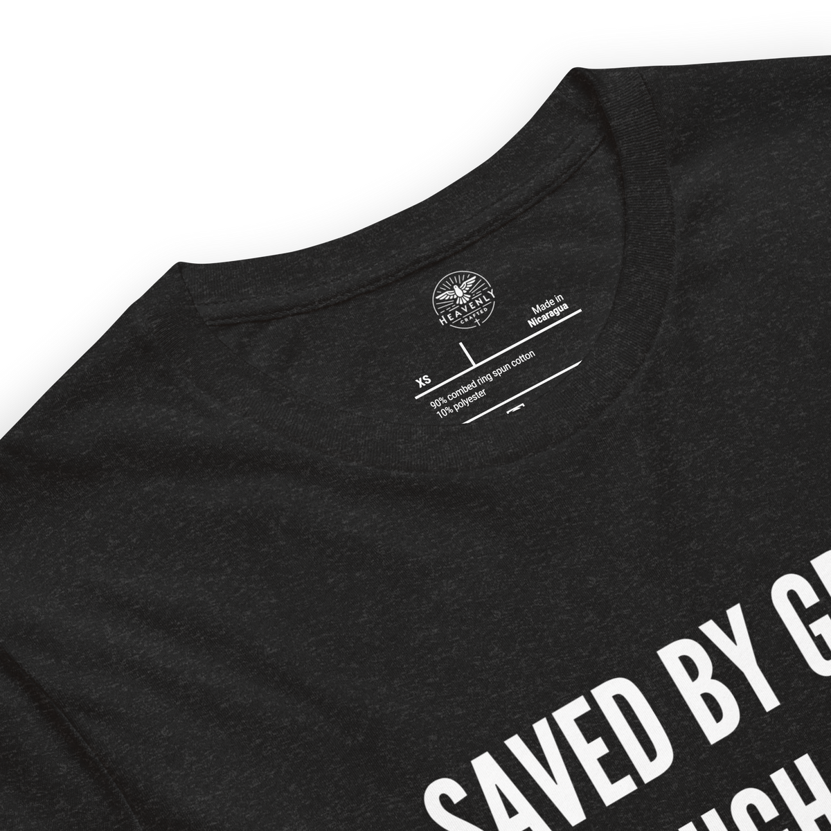 Saved by Grace Through Faith Ephesians 2:8 T-Shirt — black heather, label and care detail 2