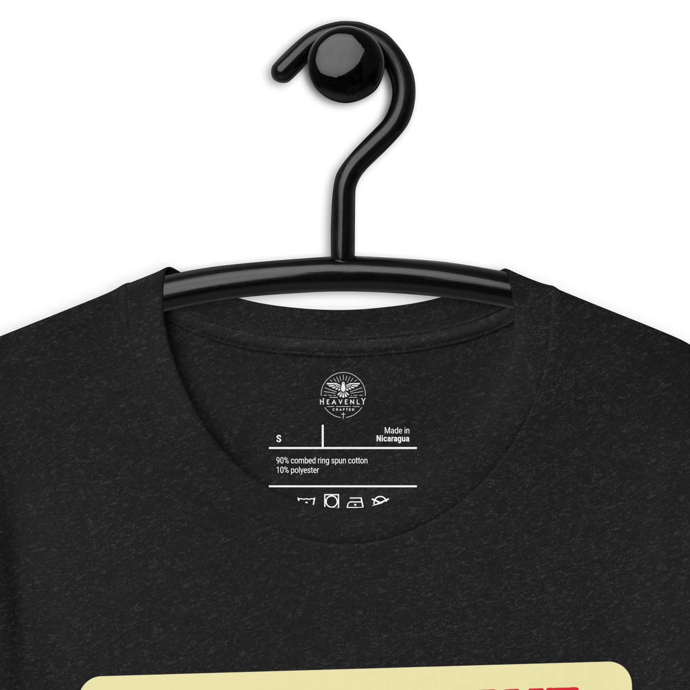 Bold Shine Matthew 5:16 Black Heather Christian T-Shirt — black heather, label and care detail 2