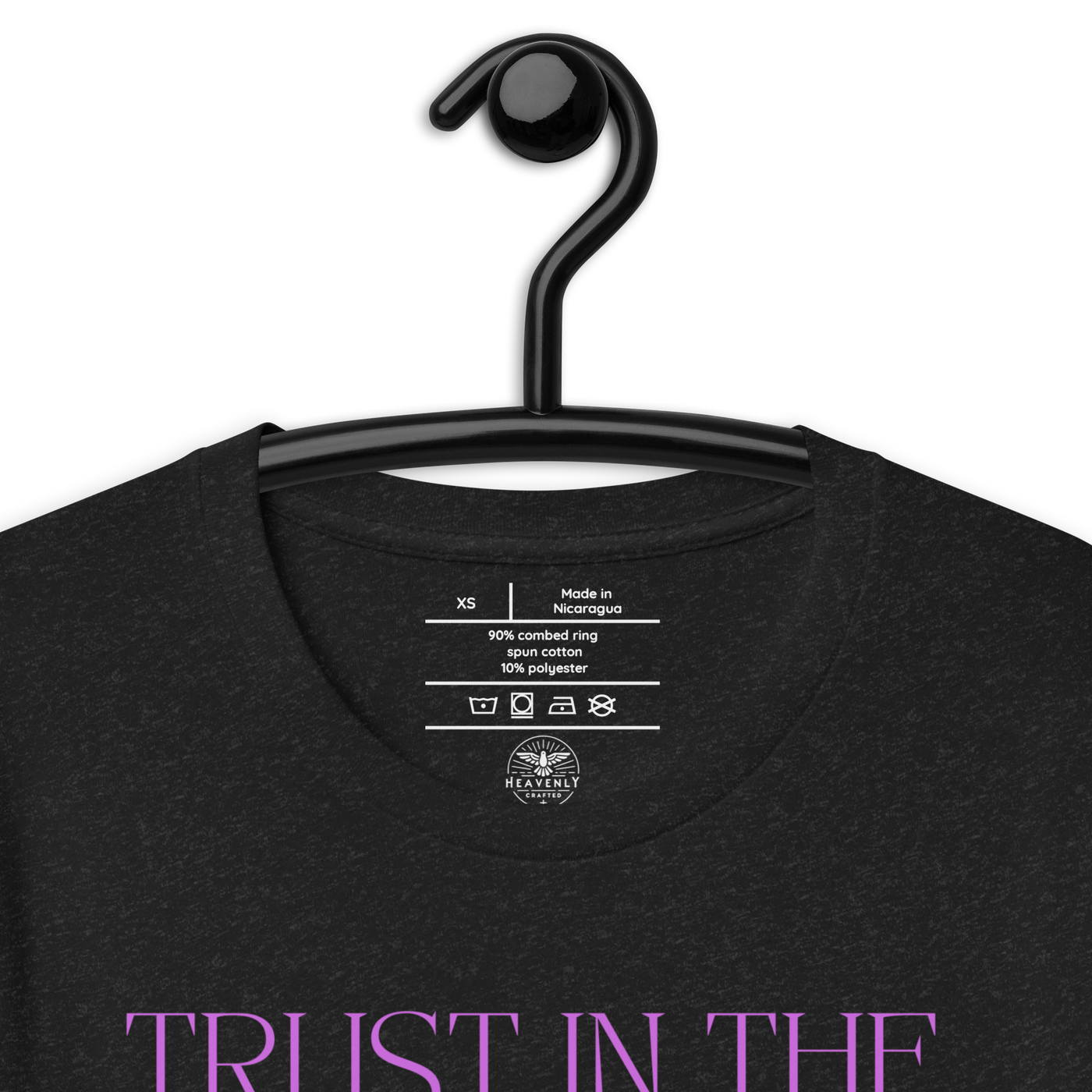 Trust in the Lord Proverbs 3:5 Christian T-Shirt — black heather, label and care detail 3