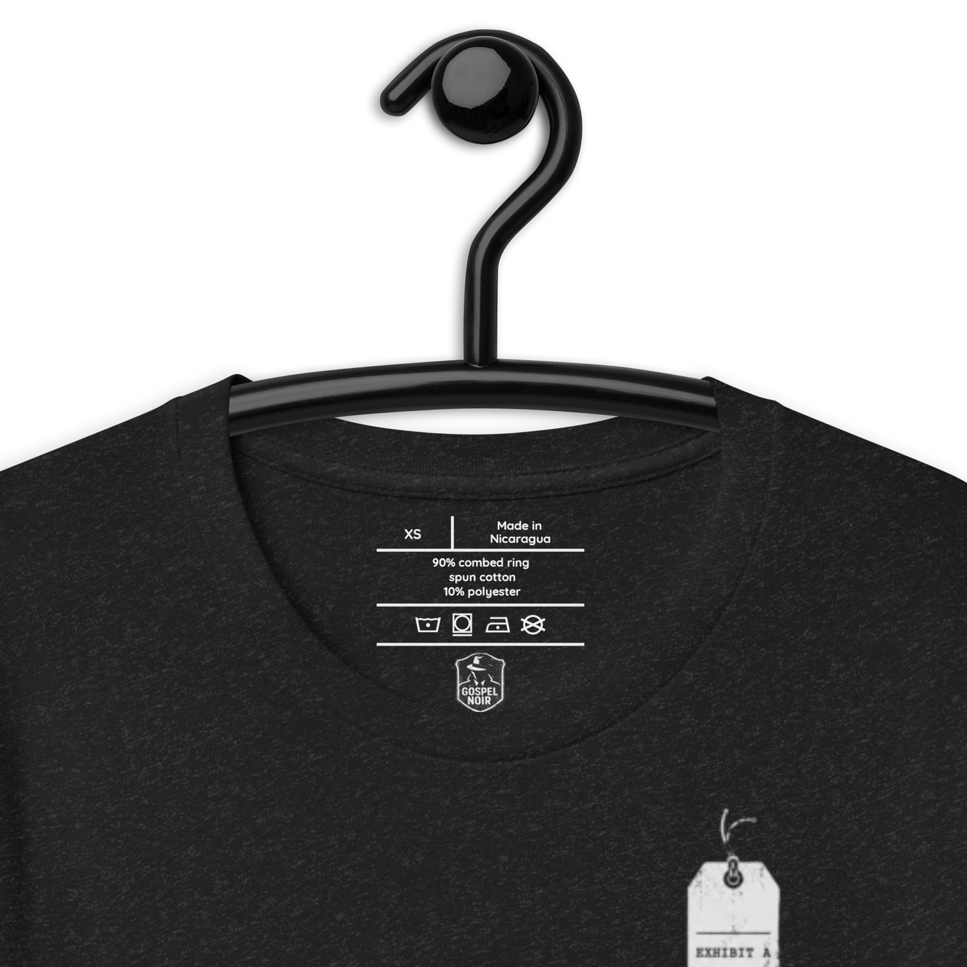 Witness Hebrews 12:1 Christian T-Shirt — black, label and care detail 2