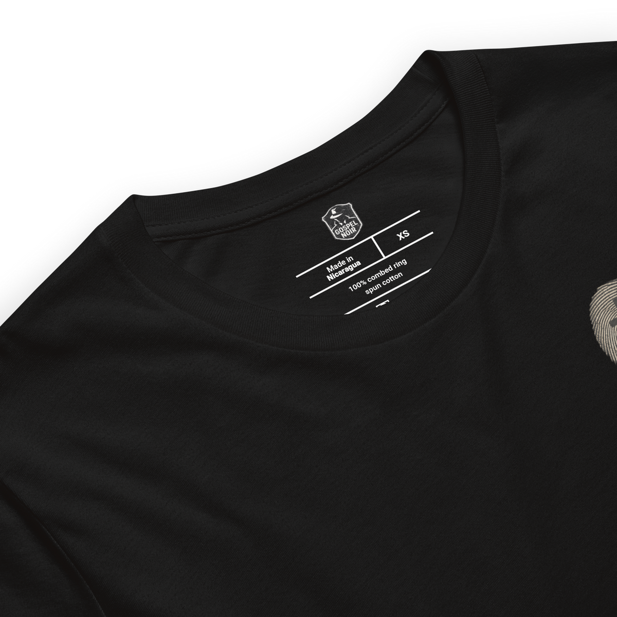 Unsolved? He Is Risen Christian T-Shirt – Black — black, label and care detail