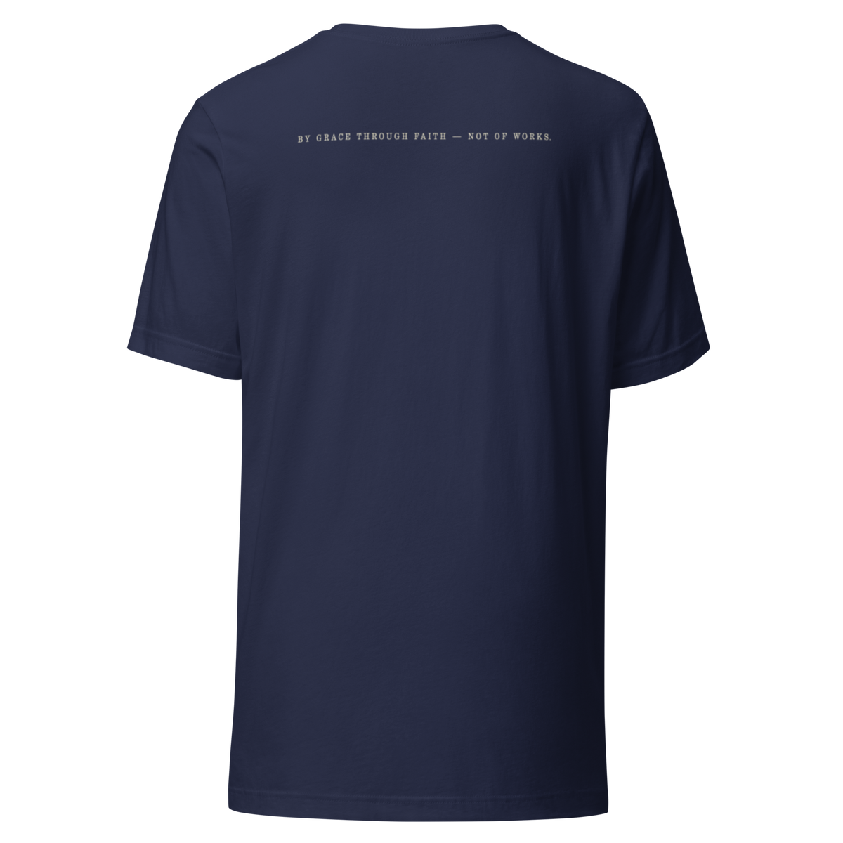 Filed Under Grace Ephesians 2:8 Christian T-Shirt — navy, back view 2