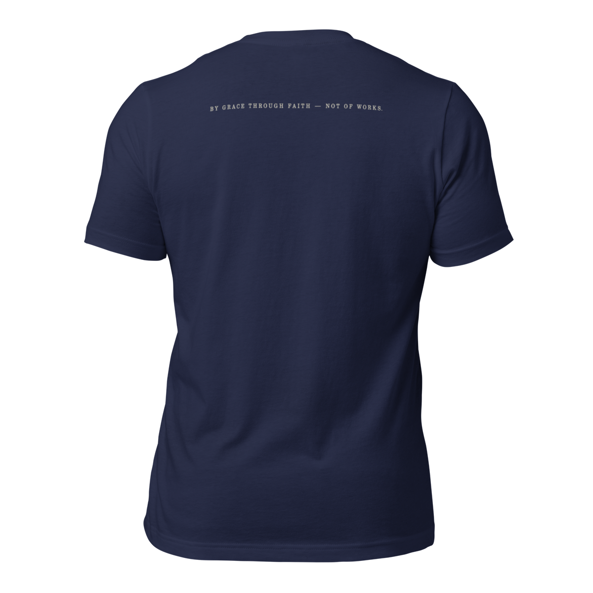 Filed Under Grace Ephesians 2:8 Christian T-Shirt — navy, back view 4