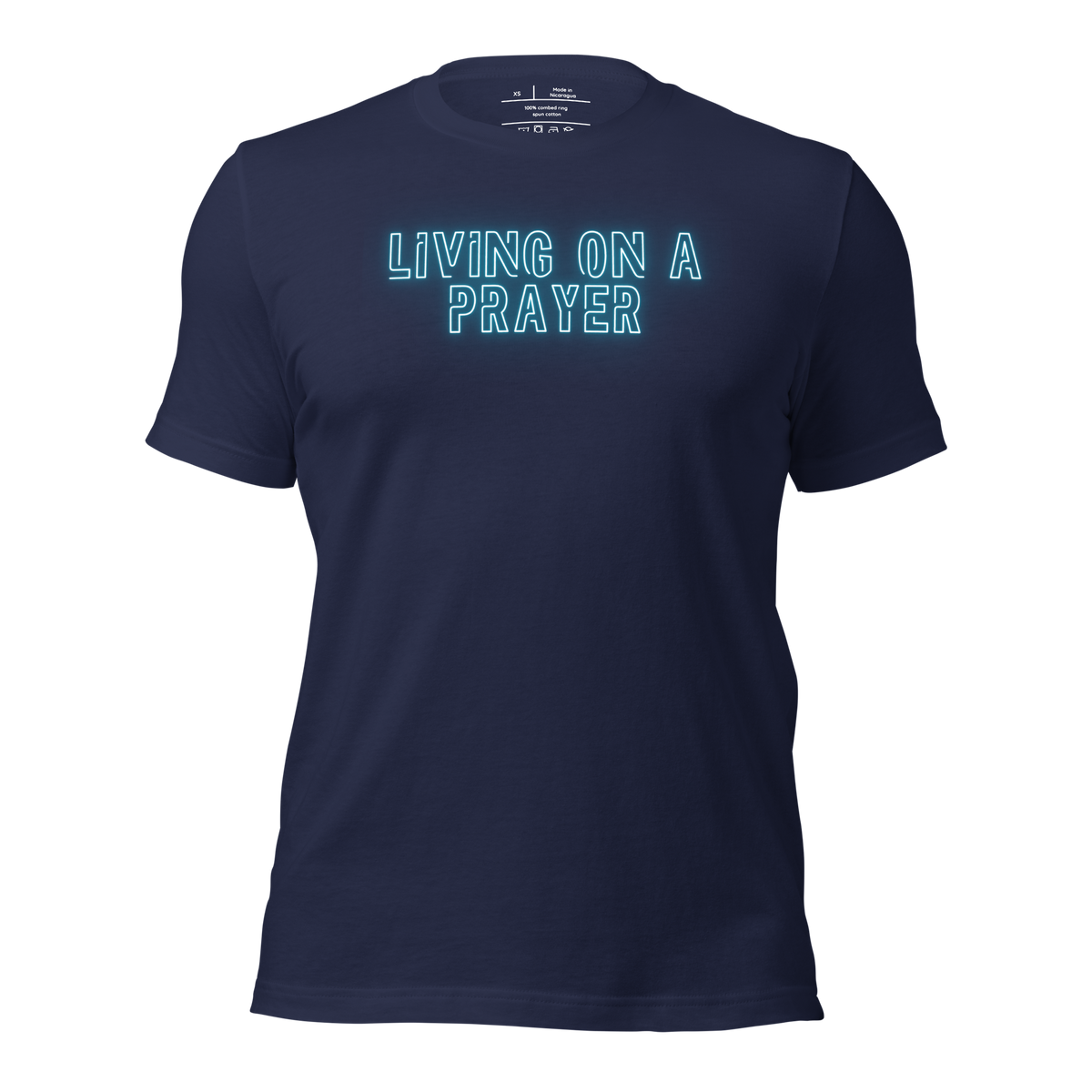 Living on a Prayer Navy Christian T-Shirt — navy, product mockup