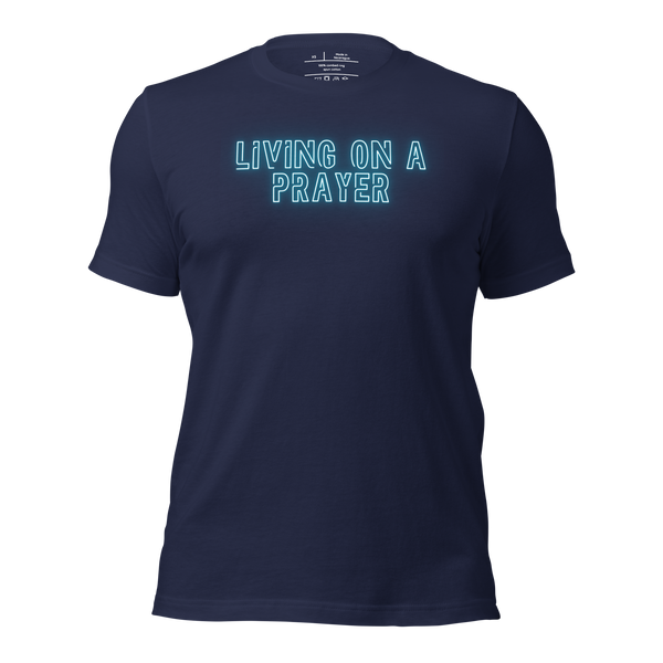 Living on a Prayer Navy Christian T-Shirt — navy, product mockup