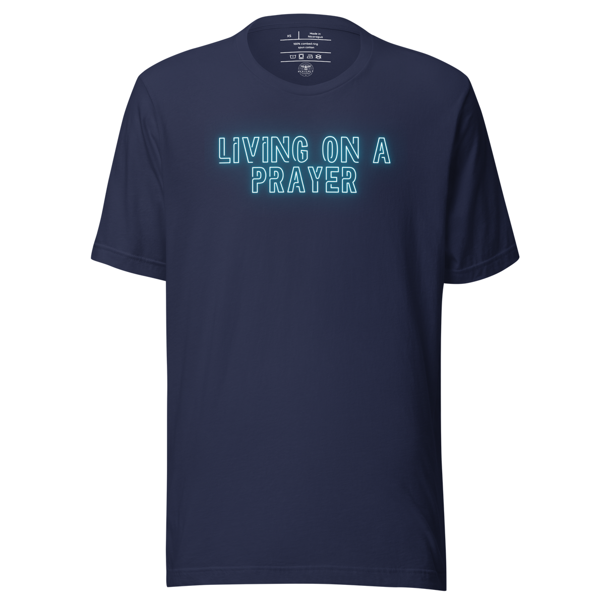 Living on a Prayer Navy Christian T-Shirt — navy, product mockup 2