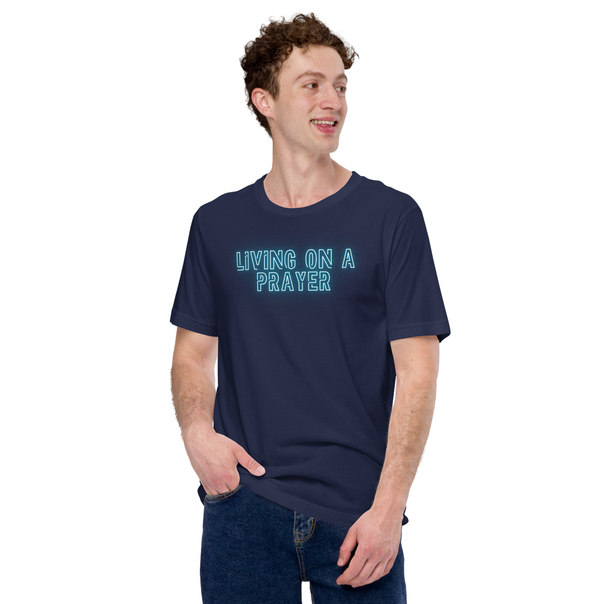 Living on a Prayer Navy Christian T-Shirt — navy, shown on model