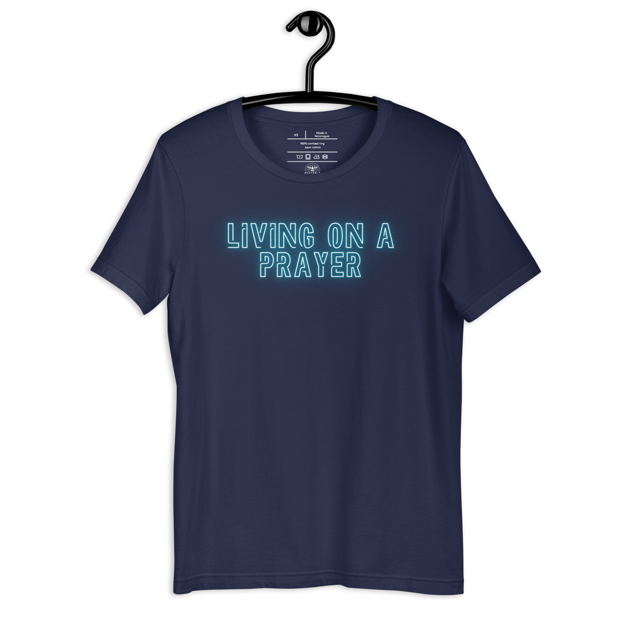 Living on a Prayer Navy Christian T-Shirt — navy, front and back views