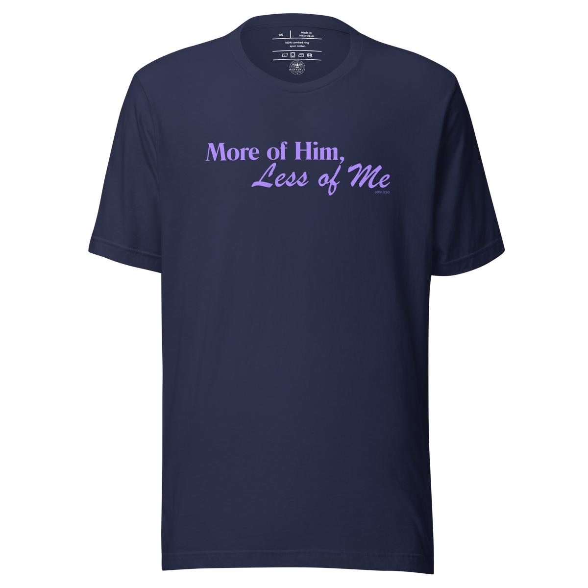 More of Him, Less of Me John 3:30 Christian T-Shirt — navy, lifestyle view