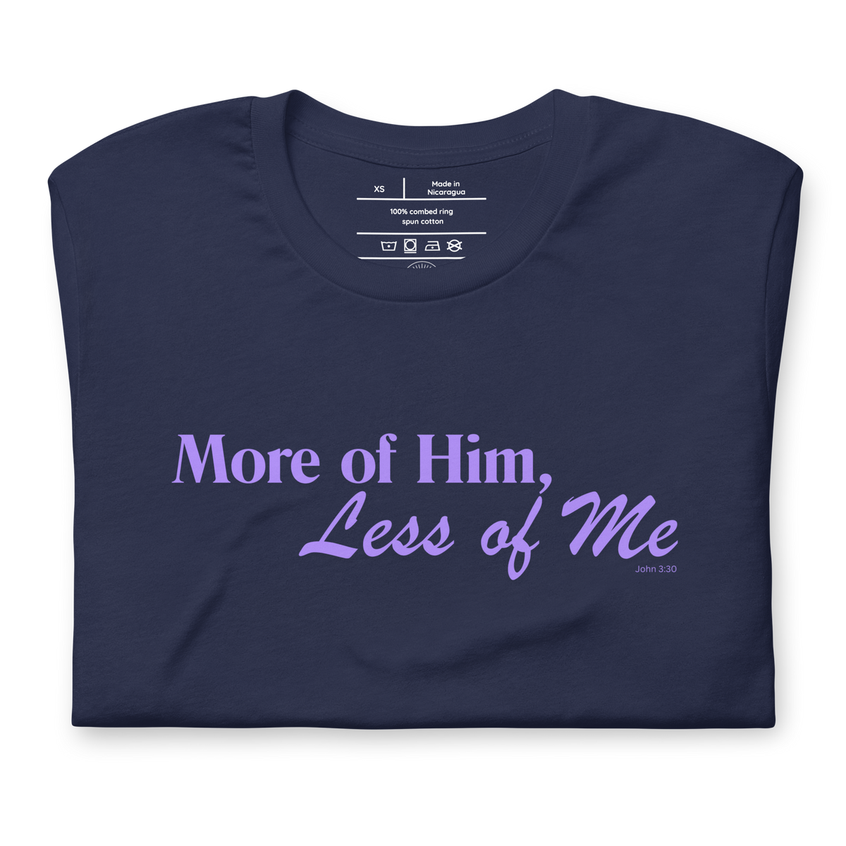 More of Him, Less of Me John 3:30 Christian T-Shirt — navy, folded view