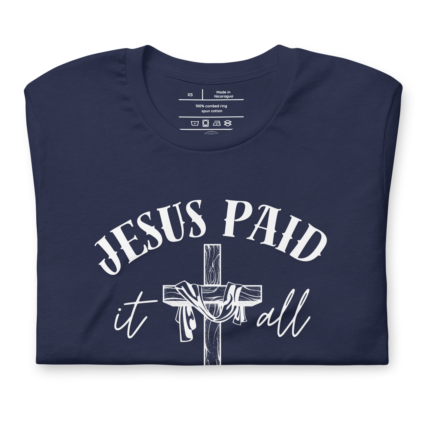 Jesus Paid It All Ephesians 2:8–9 Christian T-Shirt — navy, folded view