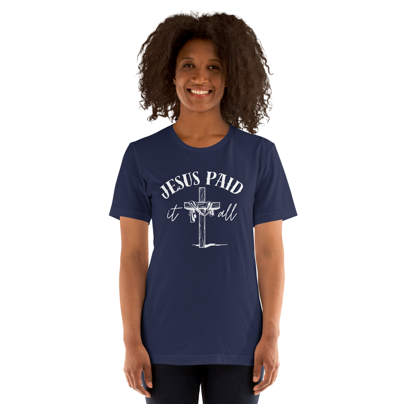 Jesus Paid It All Ephesians 2:8–9 Christian T-Shirt — navy, shown on model
