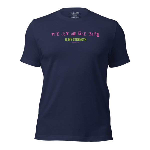 Joy of the Lord Nehemiah 8:10 Navy Christian T-Shirt — navy, product mockup. Gospel Noir Christian T-shirt by Heavenly Crafted, Christian streetwear