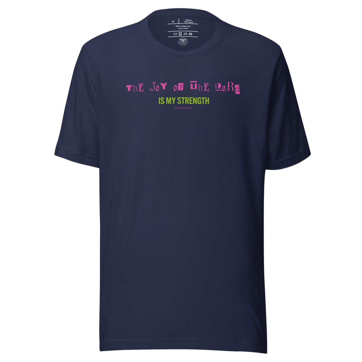 Joy of the Lord Nehemiah 8:10 Navy Christian T-Shirt — navy, front and back views