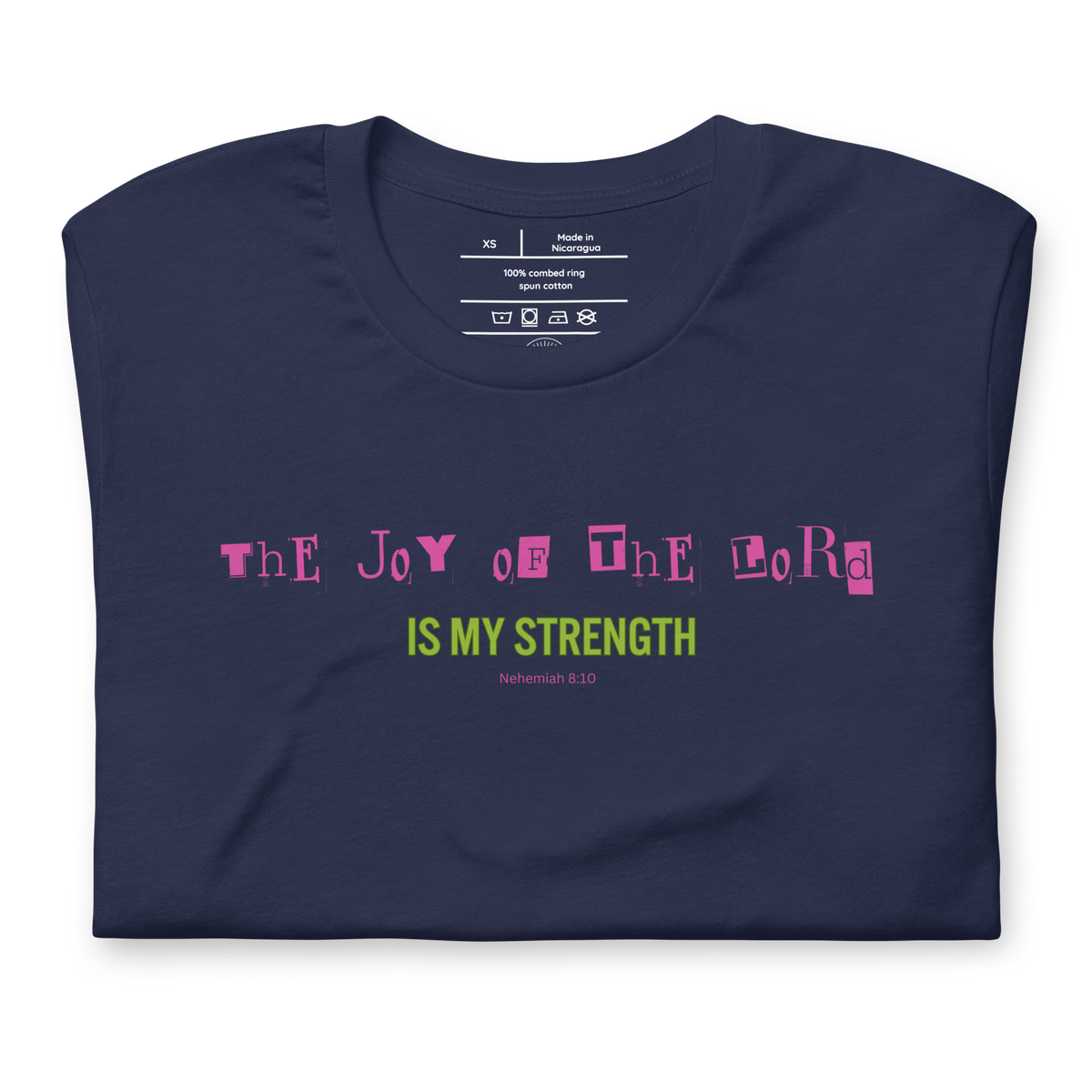 Joy of the Lord Nehemiah 8:10 Navy Christian T-Shirt — navy, front and back views 2