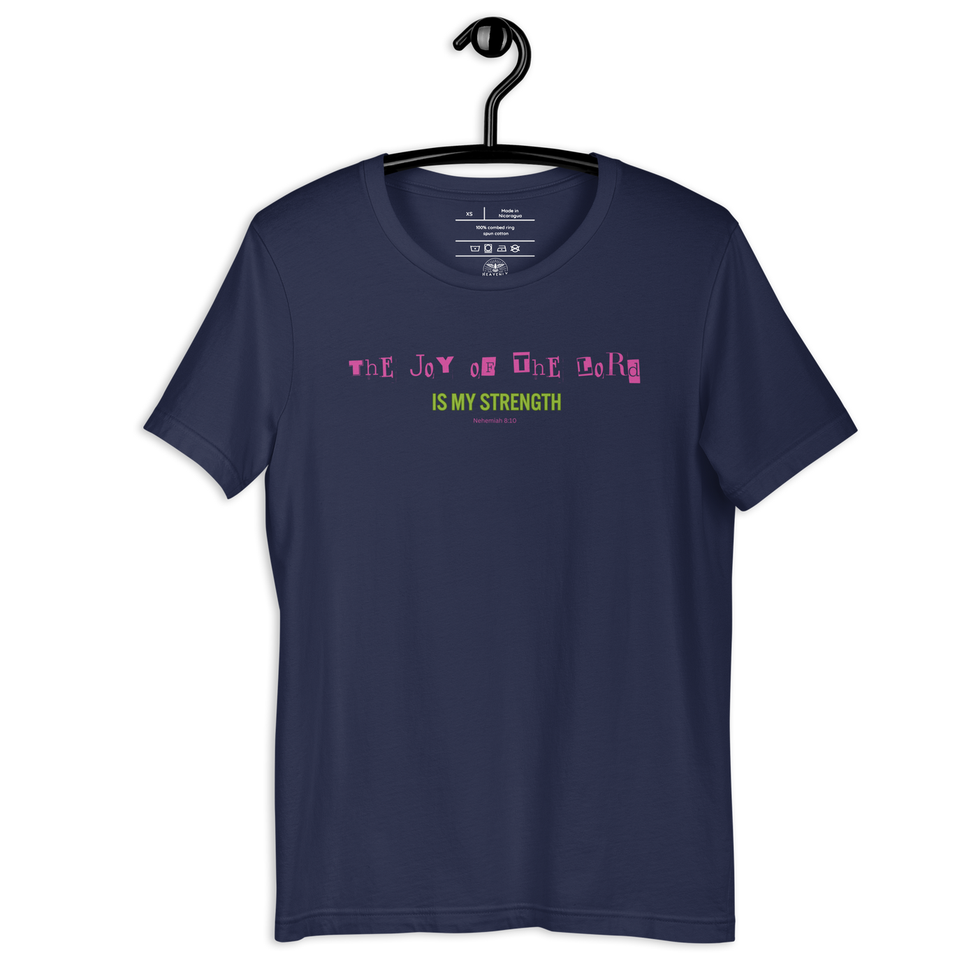 Joy of the Lord Nehemiah 8:10 Navy Christian T-Shirt — navy, hanging view