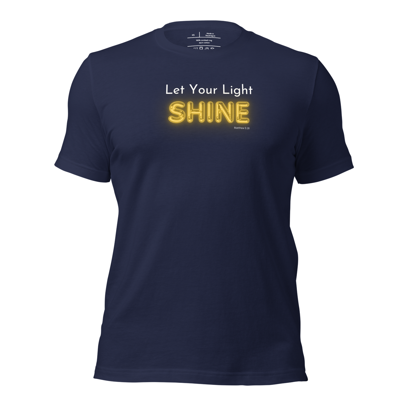 Let Your Light Shine Matthew 5:16 Navy Christian T-Shirt — navy, product mockup