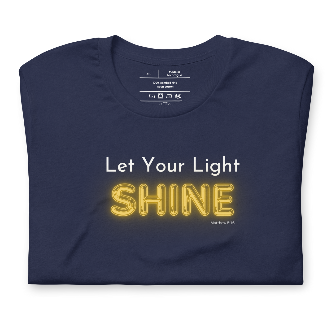 Let Your Light Shine Matthew 5:16 Navy Christian T-Shirt — navy, front view