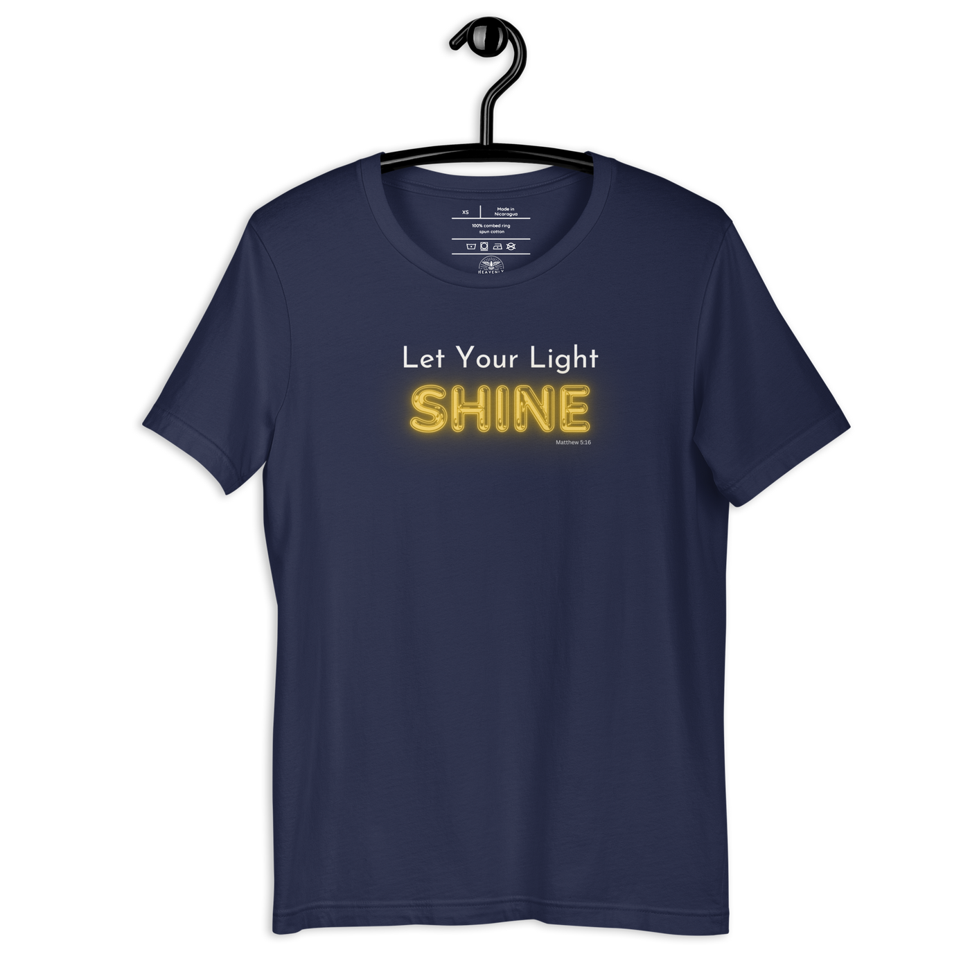 Let Your Light Shine Matthew 5:16 Navy Christian T-Shirt — navy, hanging view