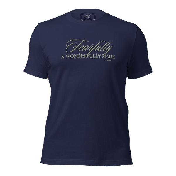 Wonderfully Made Psalm 139:14 Navy Christian T-Shirt — navy, product mockup. Gospel Noir Christian T-shirt by Heavenly Crafted, Christian streetwear