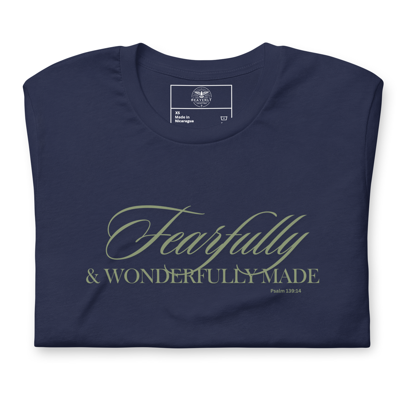 Wonderfully Made Psalm 139:14 Navy Christian T-Shirt — navy, folded view