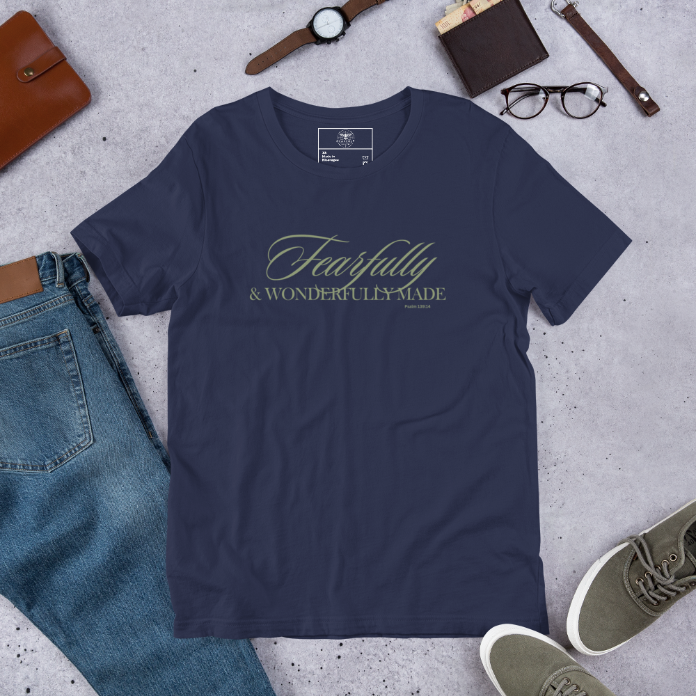 Wonderfully Made Psalm 139:14 Navy Christian T-Shirt — navy, lifestyle view