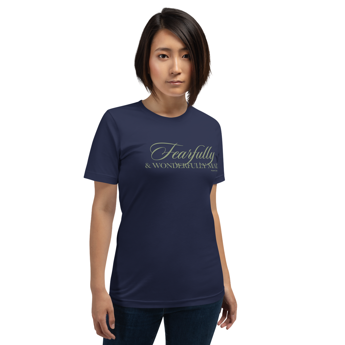 Wonderfully Made Psalm 139:14 Navy Christian T-Shirt — navy, shown on model
